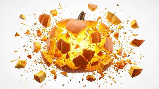 An orange pumpkin exploding into many pieces with whole orange