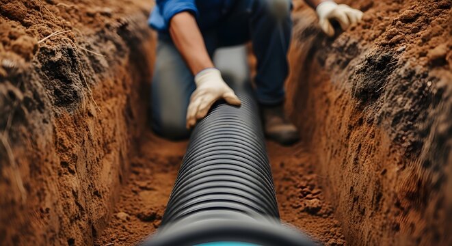 Professional plumber installing large black pipe in trench for infrastructure or construction project