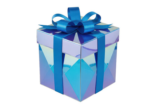 Shiny blue gift box with decorative ribbon isolated on transparent background