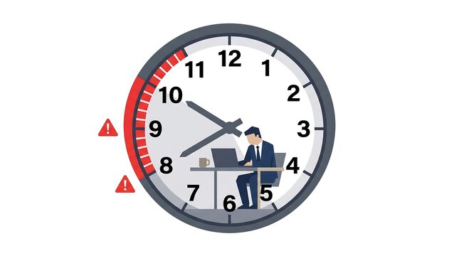 Businessman working at a desk inside a giant clock with an urgent red time zone representing overtime stress and strict deadlines