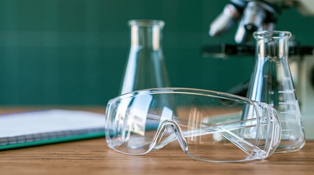 Safety goggles on wooden table with laboratory glassware and microscope in background