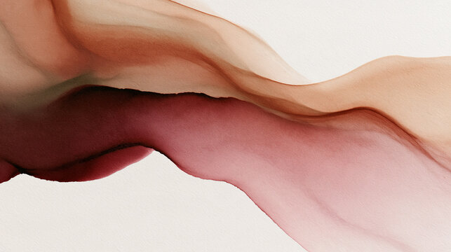 Abstract flowing ink wave in burgundy and muted rose. Soft watercolor ribbon on textured paper