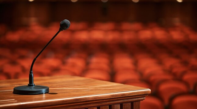 Microphone on wooden podium in empty auditorium with red seats in background