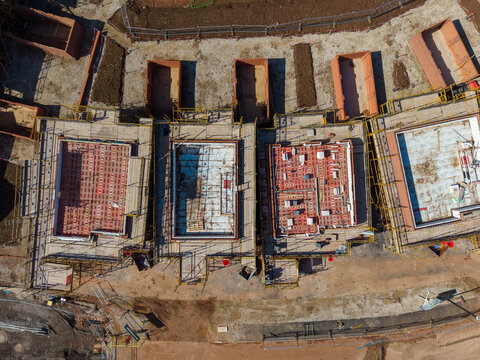 Stafford, England, United Kingdom - 13 September 2026: Aerial view of the Hopton and Coton construction site showing building foundations, scaffolding, and ongoing development work.
