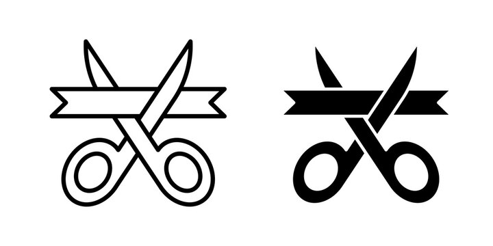 Scissors cutting ribbon icon flat outline in black