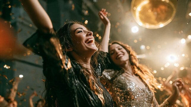 two women dancing with arms raised under a glowing disco ball at a night party