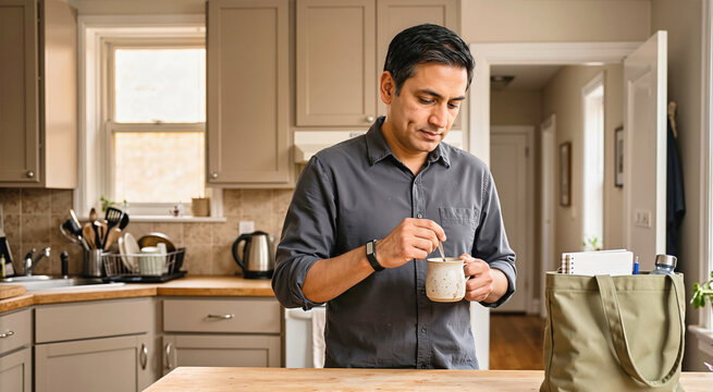 Man stirring coffee with spoon in ceramic mug at wooden kitchen counter. Focused adult preparing warm beverage before work near canvas tote bag in modern home apartment kitchen interior