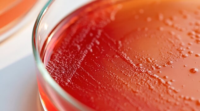 Bacterial colonies growing on red agar in petri dish for microbiological research