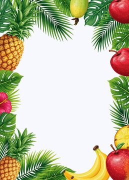 Tropical fruit and palm leaf border with copy space