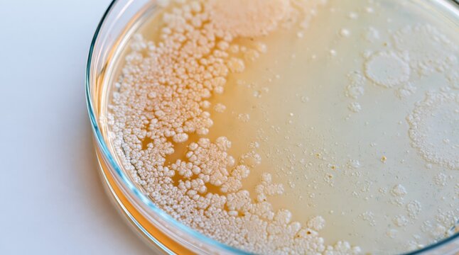 Bacterial colonies growing on agar in petri dish