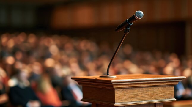 Microphone on wooden lectern in front of blurred audience in auditorium