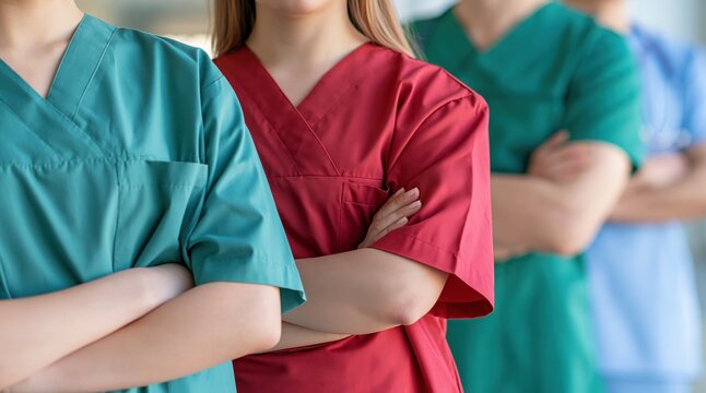 Medical staff wearing different color scrubs standing with arms crossed