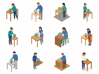 Fototapeta premium Set of isometric people performing various DIY craft and assembly activities on workbenches, including woodworking, painting, electronics repair, and creative hobby projects isolated on white.