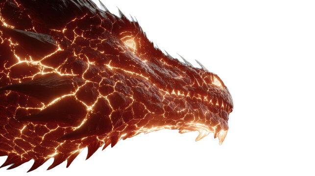 Glowing lava cracked dragon head profile with fiery eyes and molten rock texture on transparent background