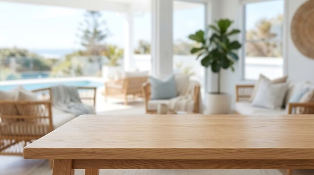 Empty Wooden Table Top for Product Display Mockup with Blurred Luxury Beach House Patio and Swimming Pool Background