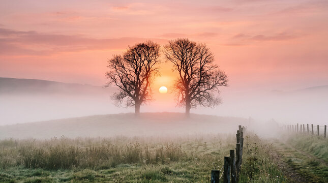 Two bare trees silhouetted against rising sun in misty countryside landscape