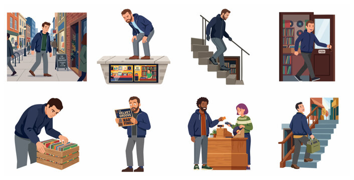 Set of illustrations showing a man discovering a secret record store, browsing rare vinyls, and making a purchase.