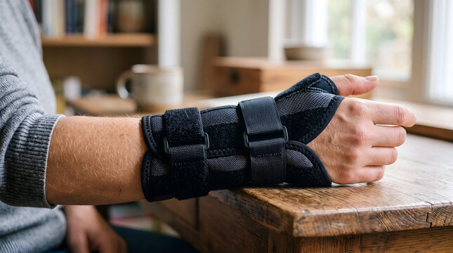 Person wearing an orthopedic wrist brace for support at home