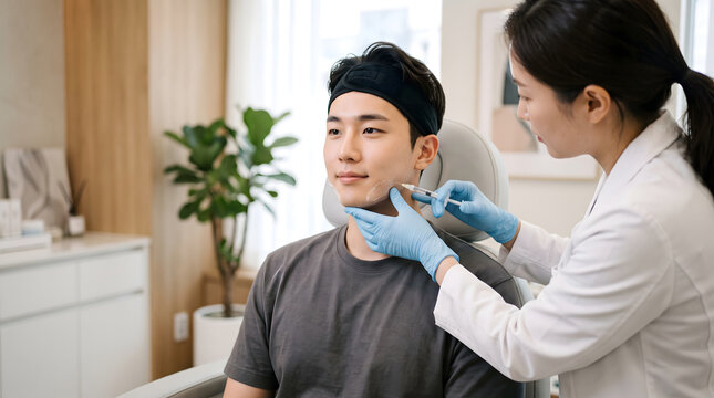 Doctor injecting dermal filler into patient's jaw at aesthetic clinic