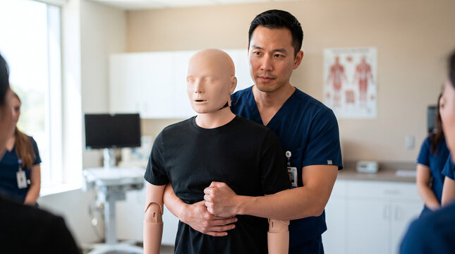 Medical professional demonstrating life saving CPR techniques on a simulation training mannequin
