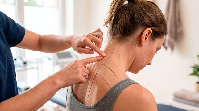 Physical therapist applying kinesiology tape to the neck and upper back of a female patient