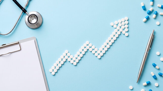 Rising medical trend represented by white pills arranged in an upward arrow on blue background