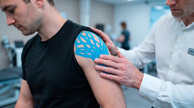 Physical therapist applying blue kinesiology tape to a patient shoulder in a clinical setting