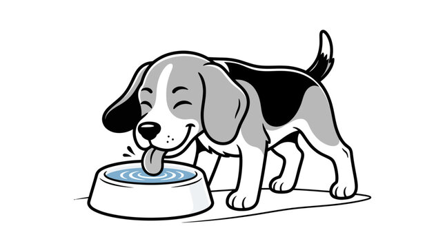 Cute beagle puppy drinking water from a bowl in a simple vector illustration