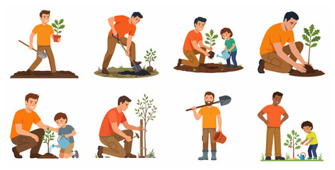 Fototapeta premium Set of diverse people planting trees and caring for nature, environment protection and reforestation concept illustrations