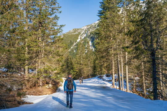 Icy path at Dolina Koscieliska valley in snow at beautiful Polish west Tatry mountains in winter