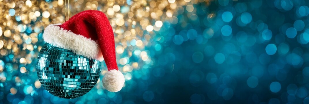 mirrored disco ball wearing a red santa hat against a sparkling blue and gold background