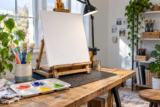 Adaptive art studio with easy grip brushes and seated work surface