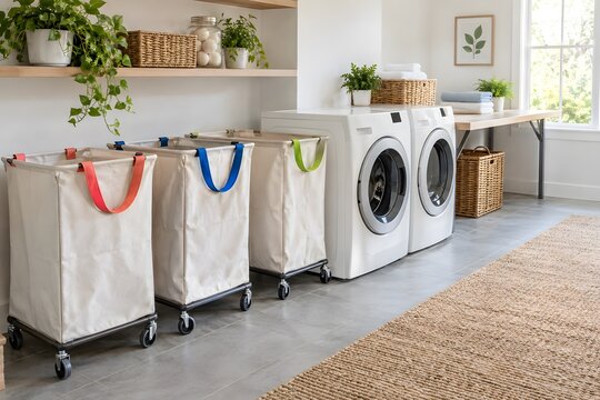 Accessible laundry room with rolling hampers and clear workflow