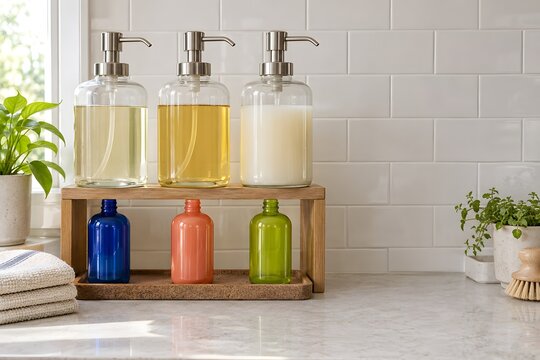 Household cleaning refill station with reusable pump bottles