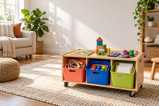Screen free family activity cart with creative play supplies