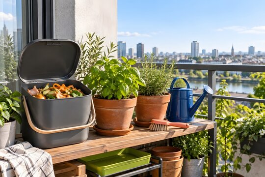 Balcony composting and herb garden station for small spaces