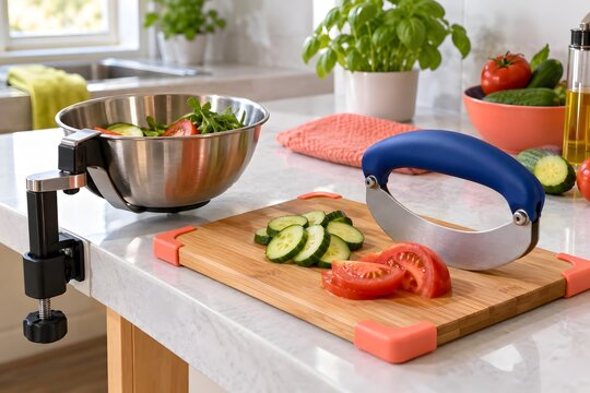 Adaptive kitchen station with rocker knife and stabilizing cutting board
