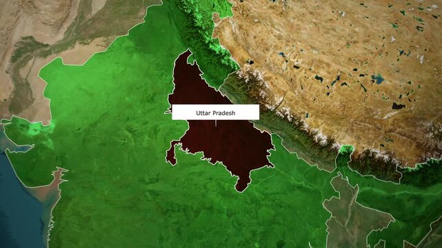 3D satellite map animation zooming into Uttar Pradesh state in India