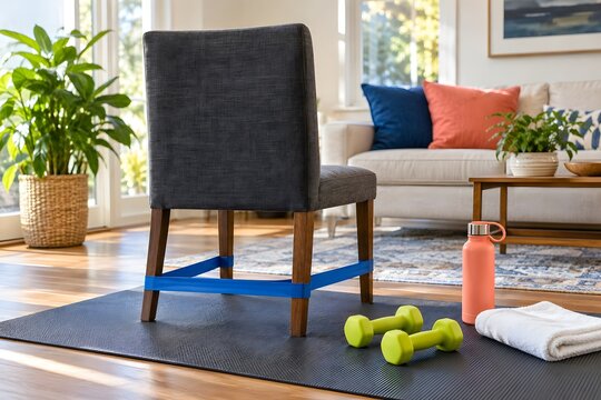 Seated home exercise setup with resistance band and light weights