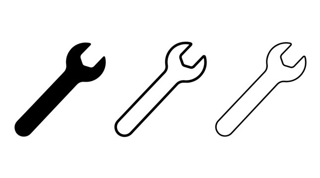 Minimalist wrench vector icons set featuring solid and outlined spanner symbols