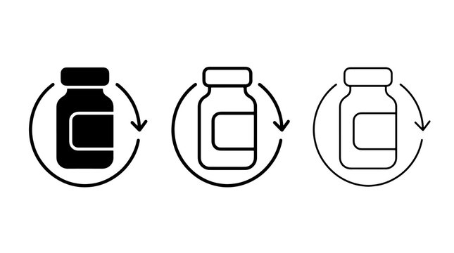 Minimalist medicine vial icons featuring rotation arrows in clean vector style