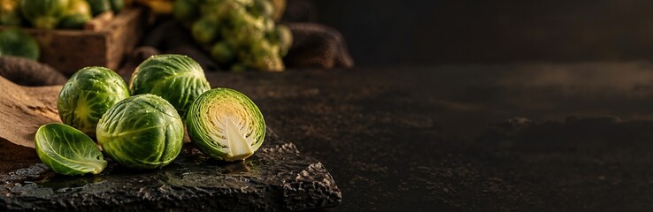 Fototapeta premium Fresh green brussels sprouts whole and halved on dark stone slate surface with copy space. Raw organic farm vegetable showing pale inner leaves for healthy cooking and nutrition banner
