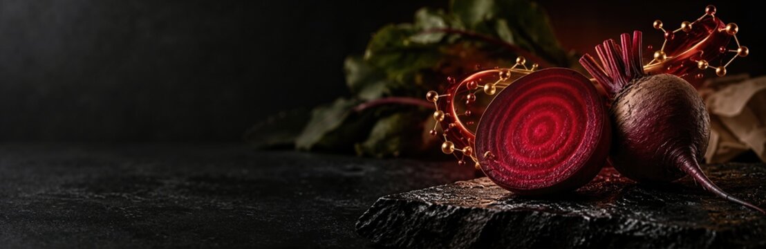 Fresh sliced raw beetroot showing ruby concentric rings on dark stone surface with glowing molecular ribbon. Healthy superfood nutrition and science concept horizontal banner with copy space