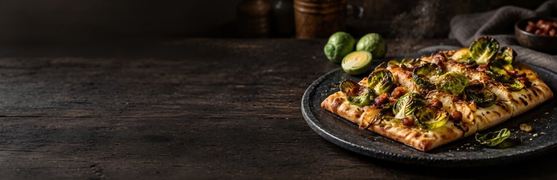 Crispy roasted Brussels sprout and pancetta flatbread pizza sliced on dark ceramic plate. Gourmet rustic autumn meal concept with fresh ingredients on dark wooden table with copy space banner