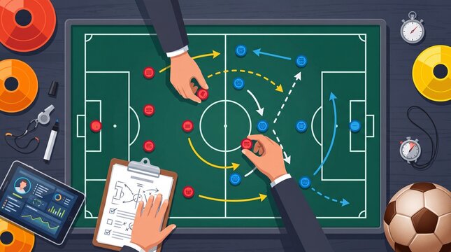 Soccer strategy session overhead view with chalkboard tactics and game elements