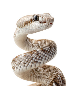 Coiled rattlesnake close up with raised head and detailed scales isolated on transparent background