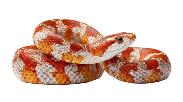 Coiled red and white corn snake with detailed scales isolated on transparent background
