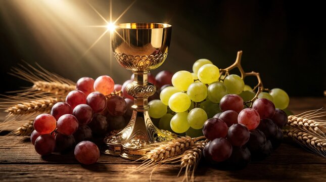 Golden chalice sits on rustic wood table with grapes and wheat stalks. Holy communion elements bathed in divine light symbolize faith and sacred ritual.