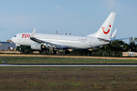 Luqa, Malta - September 17, 2026: TUI Boeing 737-8AS (REG: G-TUKF) in an unusual all white scheme with TUI titles and fin emblem.
