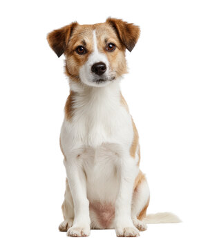 Front view of small brown and white terrier mix dog sitting and looking at camera